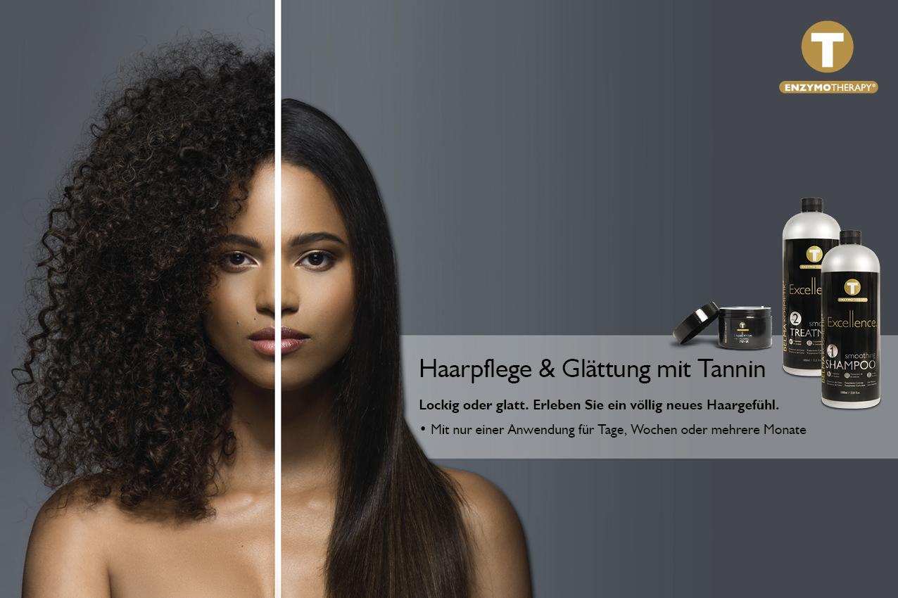 Werbebanner für Enzymotherapie Haarpflege und Glättung mit Tannin. Zeigt eine Frau mit krausem Lockenhaar auf der linken Seite und der gleichen Frau mit glattem, dunklem Haar auf der rechten Seite. Text: Haarpflege & Glättung mit Tannin. Lockig oder glatt. Erleben Sie ein völlig neues Haargefühl. Mit nur einer Anwendung für Tage, Wochen oder mehrere Monate. Produktflaschen sind rechts abgebildet.